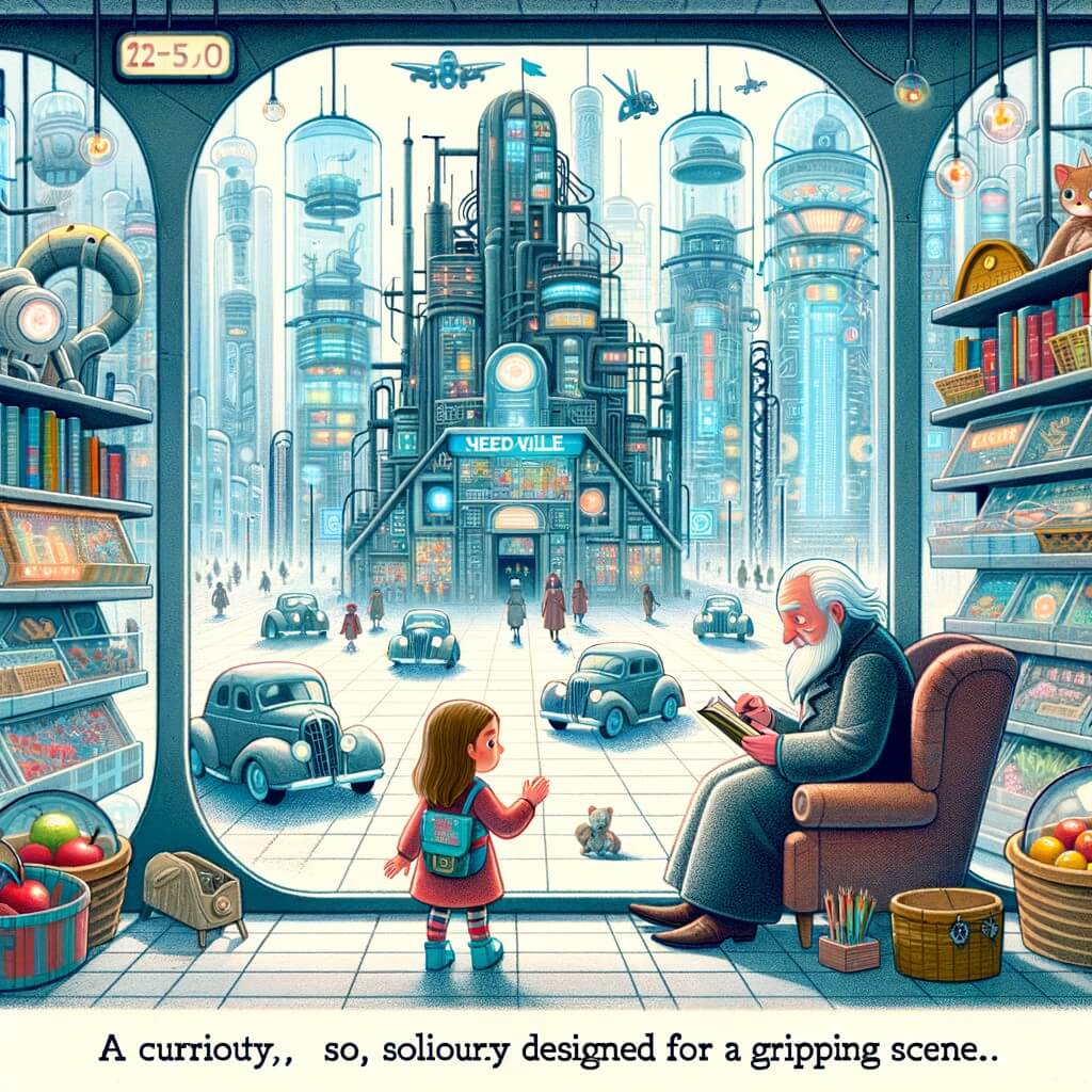 Une illustration pour enfants représentant une petite fille solitaire dans une ville futuriste, qui découvre un appareil de communication et apprend à se connecter avec les autres.