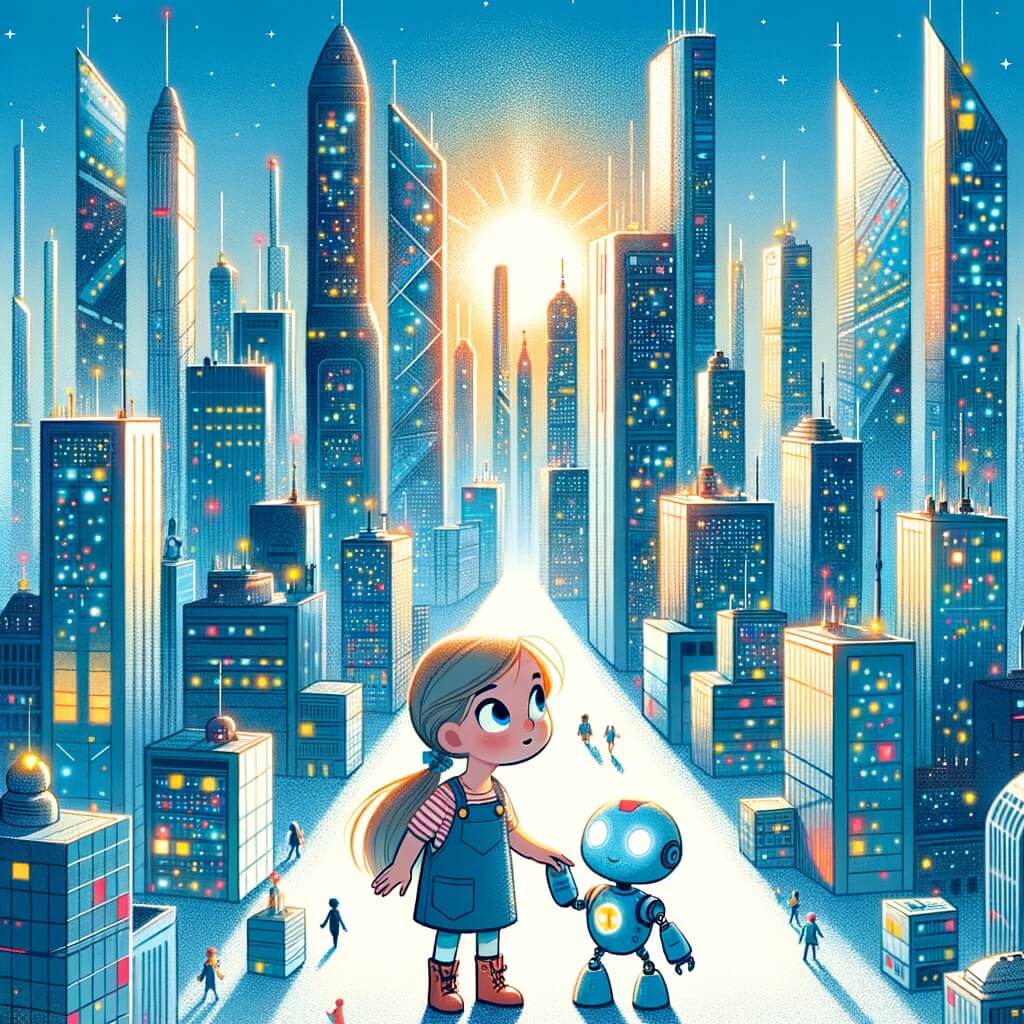 Une illustration destinée aux enfants représentant une petite fille perdue dans une ville futuriste remplie de gratte-ciel scintillants, où elle rencontre un adorable petit robot qui devient son compagnon d'aventure.