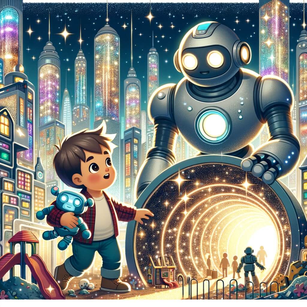 Une illustration destinée aux enfants représentant un petit garçon curieux qui explore une ville futuriste avec sa poupée robot, découvrant un robot géant en train de creuser un tunnel scintillant dans une cour de récréation, au cœur de la ville de Lumino, avec des immeubles majestueux brillant de mille feux et des hologrammes colorés illuminant chaque coin de rue.