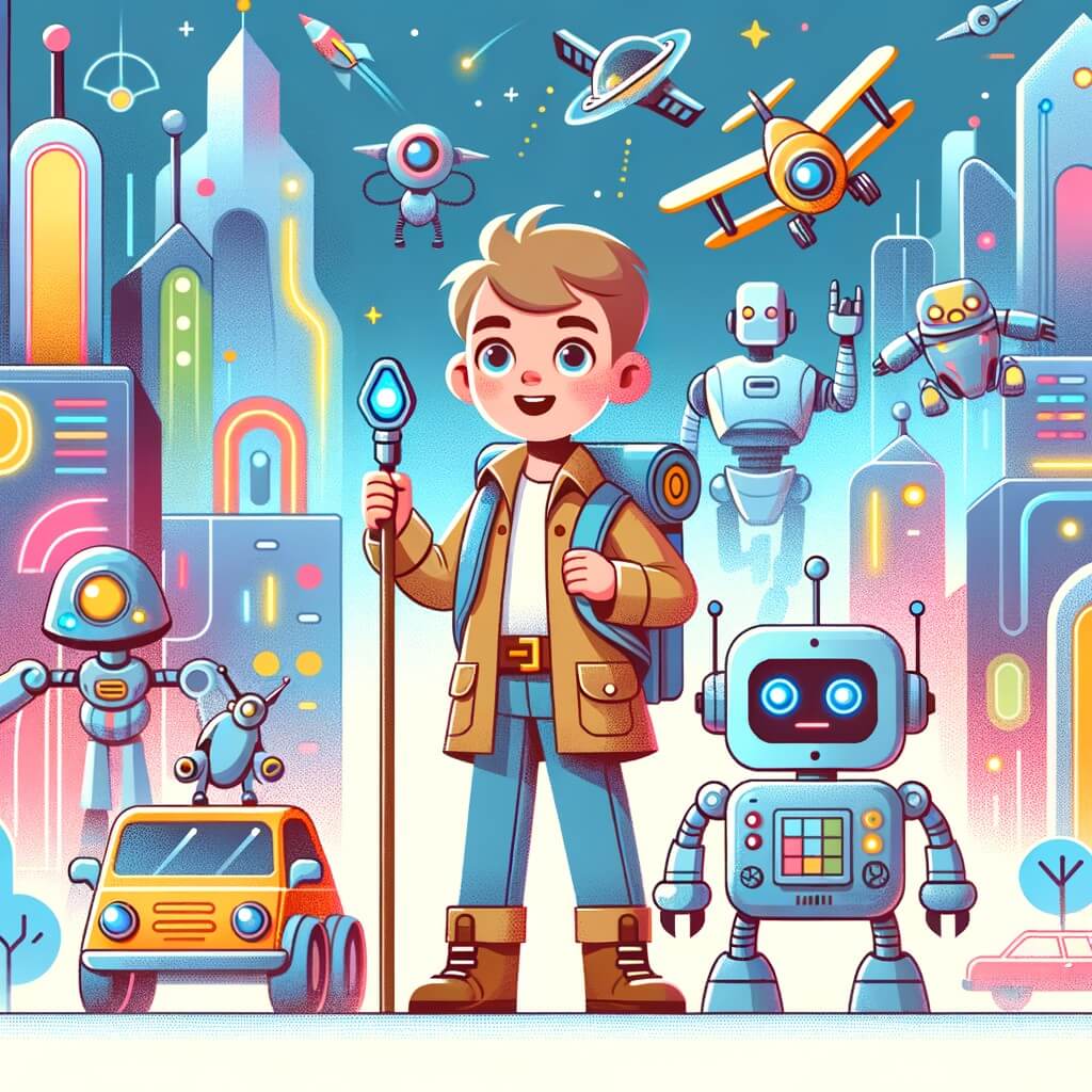 Une illustration destinée aux enfants représentant un petit garçon curieux et aventurier, accompagné d'un robot explorateur, découvrant une ville futuriste remplie de néons colorés, de voitures volantes et de robots aux formes variées dans la ville de Roboville.