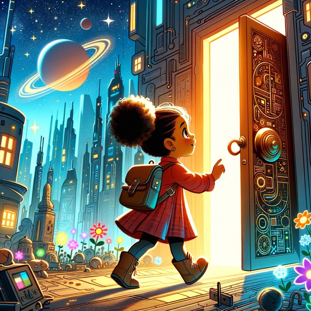 Une illustration pour enfants représentant une petite fille intrépide qui découvre une porte secrète dans une ville futuriste et explore un monde merveilleux caché derrière.