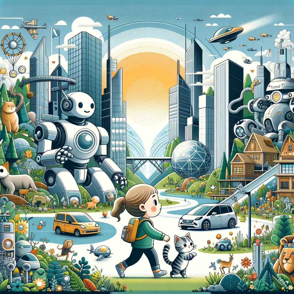 Une illustration destinée aux enfants représentant une petite fille curieuse explorant une ville futuriste remplie de tours gigantesques, de voitures volantes et de robots, accompagnée de son chat robotique, dans le but de découvrir un monde ancien rempli de nature, d'animaux et de beauté.