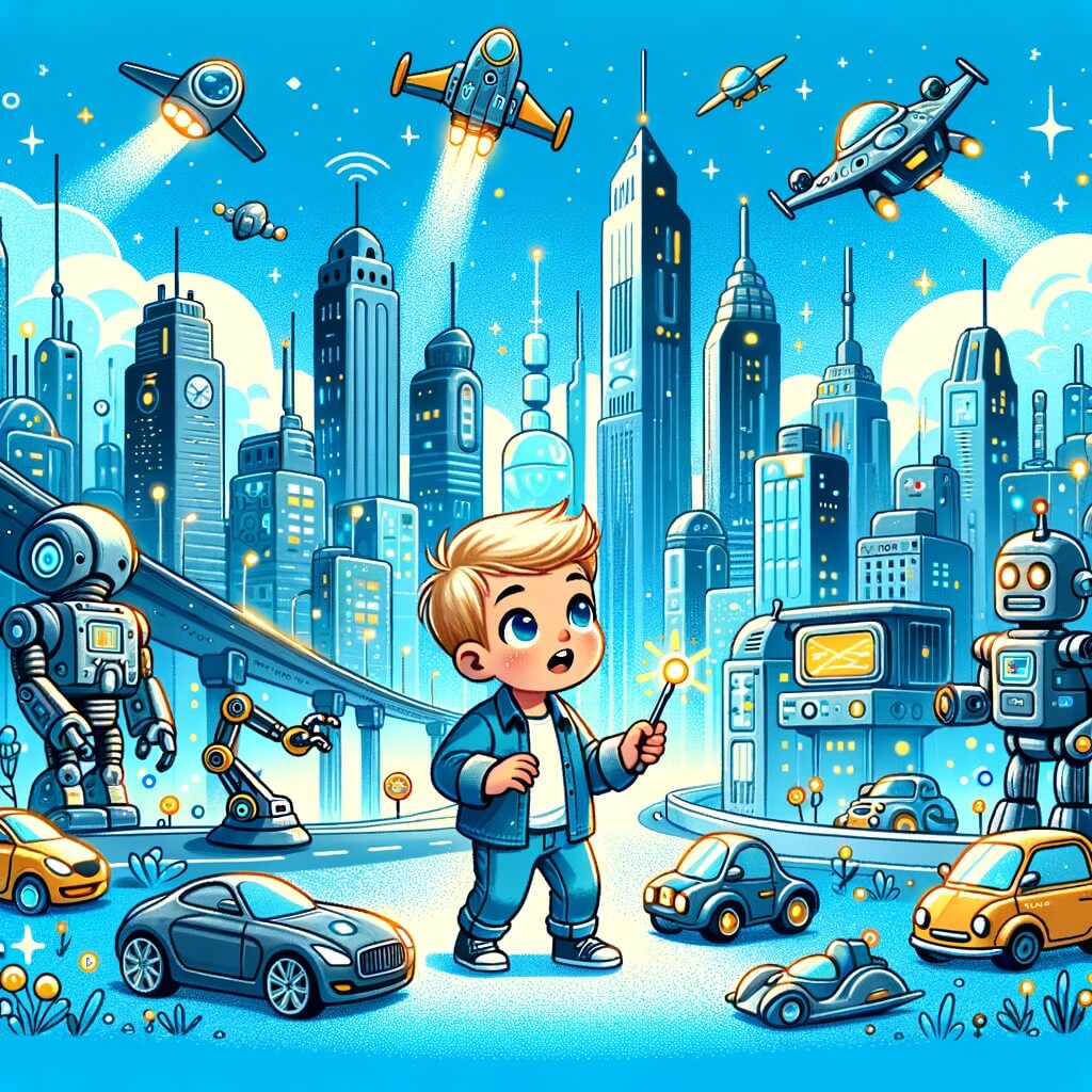 Une illustration destinée aux enfants représentant un petit garçon curieux et aventurier, qui découvre une ville futuriste remplie de voitures volantes, de robots et de bâtiments étincelants, avec en toile de fond un ciel bleu éclatant et des gratte-ciels scintillants.