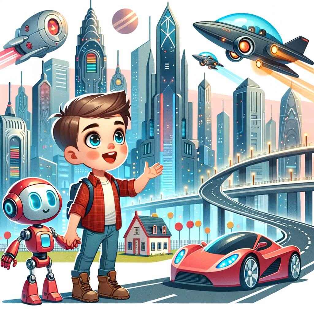 Une illustration destinée aux enfants représentant un petit garçon curieux, émerveillé par les voitures volantes et les robots futuristes, faisant équipe avec un adorable robot rouge, explorant les rues étincelantes et les imposants gratte-ciel de la ville futuriste de Néo-Ville.