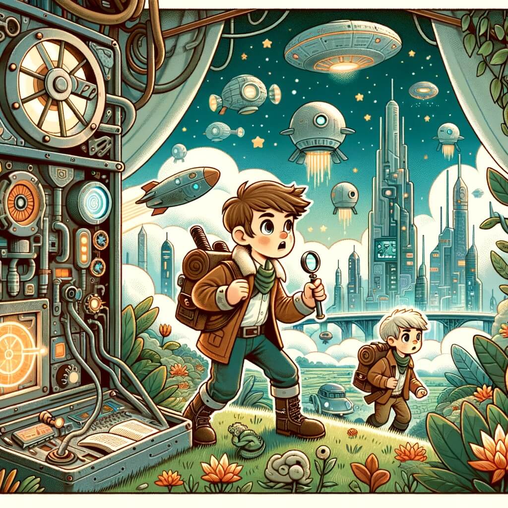 Une illustration destinée aux enfants représentant un petit garçon intrépide et curieux découvrant une mystérieuse pièce secrète remplie de machines étranges, accompagné d'un garçon de son âge, dans une ville futuriste aux voitures volantes, buildings touchant les nuages et jardins remplis de plantes géantes.