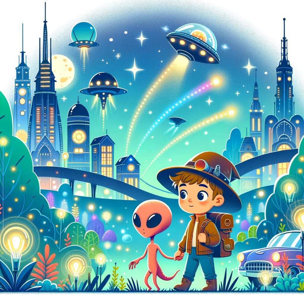 Une illustration destinée aux enfants représentant un jeune aventurier curieux, accompagné d'un adorable extraterrestre, explorant une ville futuriste avec des bâtiments scintillants et des voitures volantes dans un parc rempli d'arbres lumineux.
