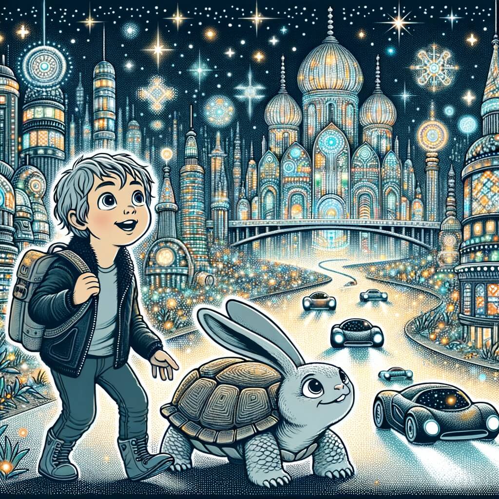 Une illustration pour enfants représentant un petit garçon émerveillé par les incroyables inventions d'une ville futuriste où les rues brillent la nuit et les voitures volent dans le ciel.