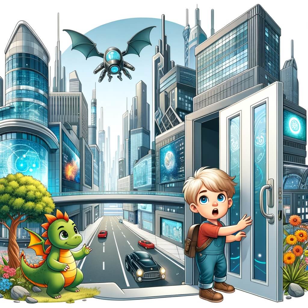 Une illustration destinée aux enfants représentant un petit garçon curieux et aventurier, découvrant une porte secrète dans la chambre de sa mère, accompagné d'un dragon amical, dans les rues futuristes de NovaCity, avec des bâtiments en verre et en acier, des voitures volantes et des écrans géants diffusant des publicités lumineuses.
