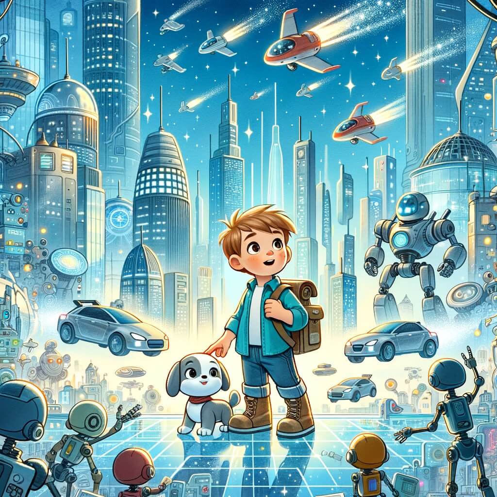 Une illustration destinée aux enfants représentant un petit garçon curieux et aventurier, accompagné de son fidèle robot de compagnie, découvrant une ville futuriste remplie de bâtiments en verre et en acier, des voitures volantes dans les airs et des robots vaquant à leurs occupations, créant ainsi un monde merveilleux et plein de possibilités.