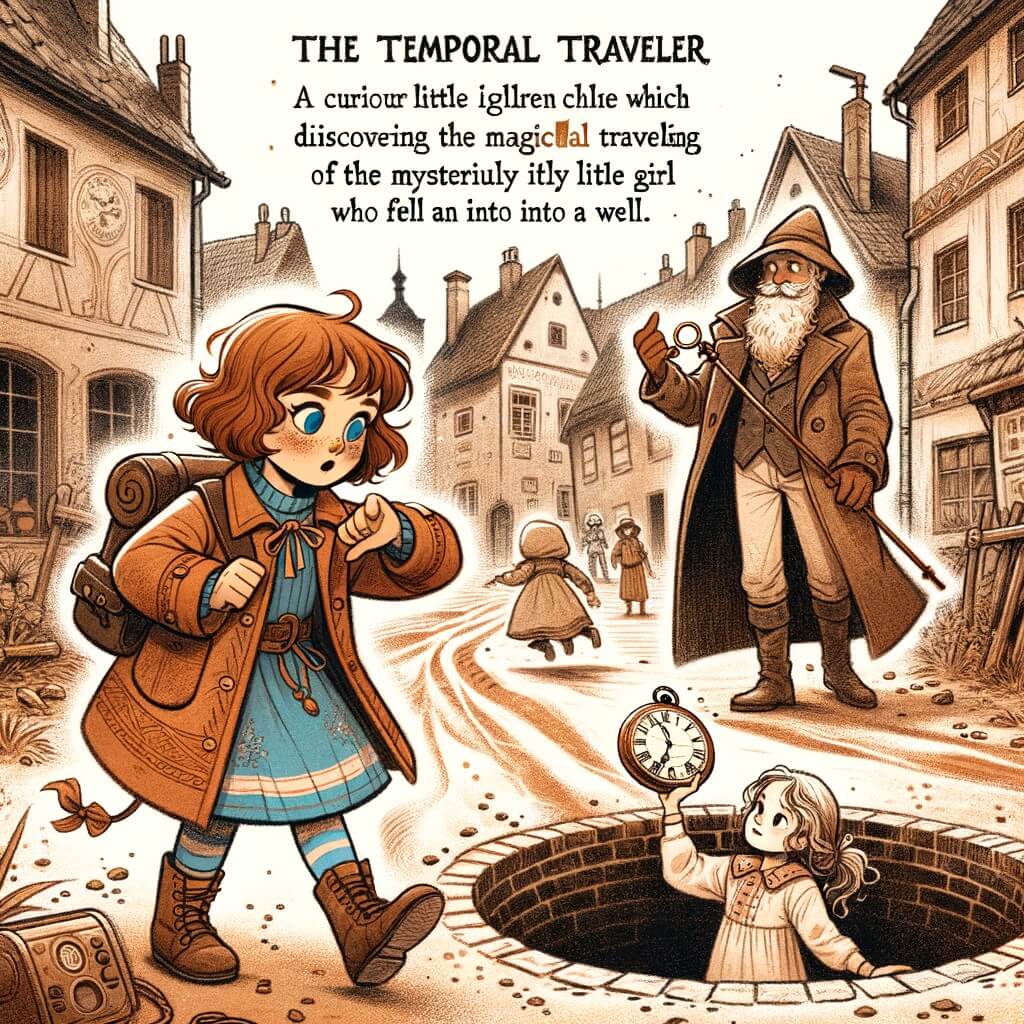 Une illustration destinée aux enfants représentant une petite fille curieuse découvrant une montre magique et voyageant dans le temps avec l'aide d'un mystérieux voyageur temporel, explorant des rues en terre d'une petite ville de l'année 1900, à la recherche d'une petite fille disparue tombée dans un puits.