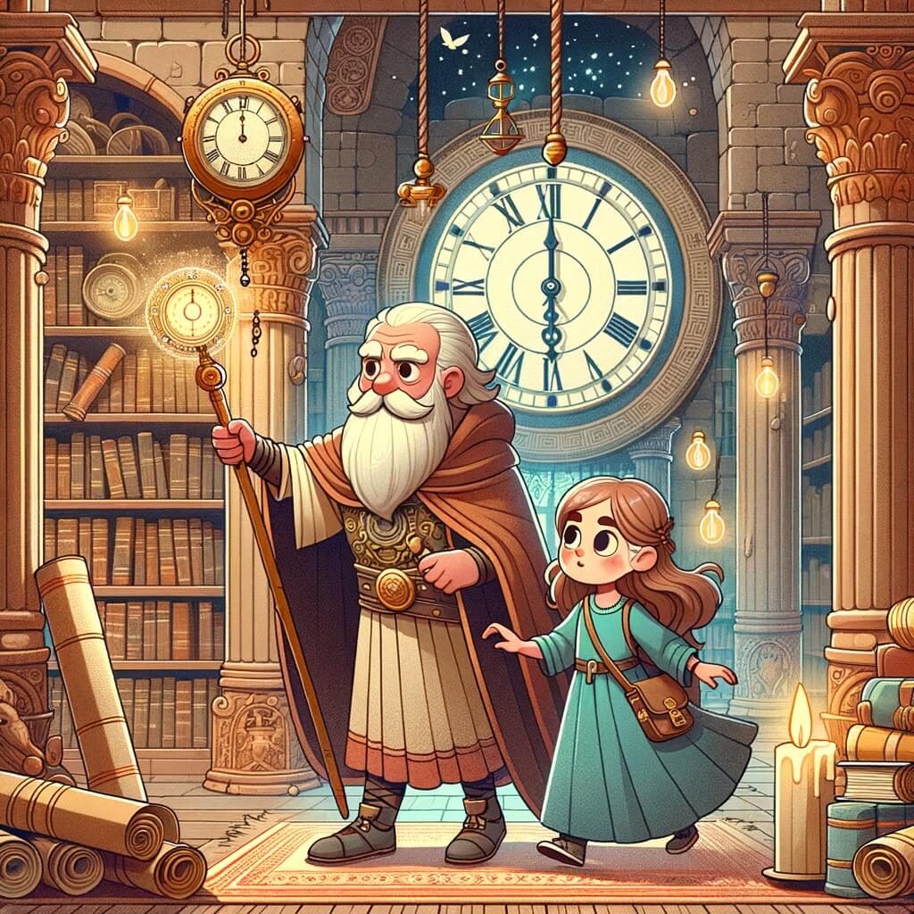 Une illustration destinée aux enfants représentant une petite fille intrépide, transportée dans le passé grâce à une horloge enchantée, accompagnée d'un sage mystérieux, dans une bibliothèque romaine ornée de parchemins et de livres anciens.