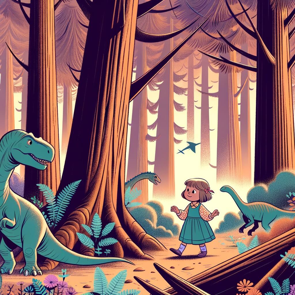 Une illustration pour enfants représentant une petite fille curieuse se retrouvant par accident dans une forêt préhistorique après avoir ouvert un mystérieux livre magique des voyages dans le temps.