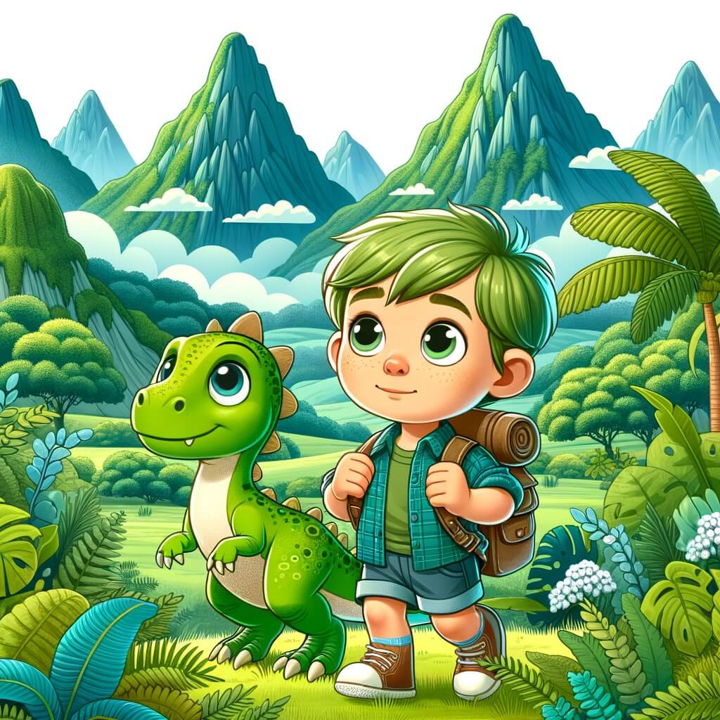 Une illustration destinée aux enfants représentant un petit garçon curieux et aventurier se retrouvant projeté dans le passé, accompagné d'un bébé dinosaure perdu, dans un paysage luxuriant rempli de jungles verdoyantes et de montagnes majestueuses.