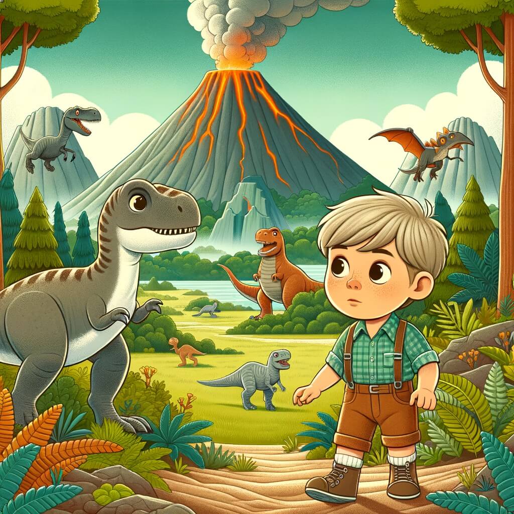 Une illustration destinée aux enfants représentant un petit garçon curieux se retrouvant par hasard à l'époque des dinosaures, accompagné d'un sympathique dinosaure, dans un paysage préhistorique luxuriant avec des montagnes volcaniques fumantes et des créatures géantes qui se promènent.