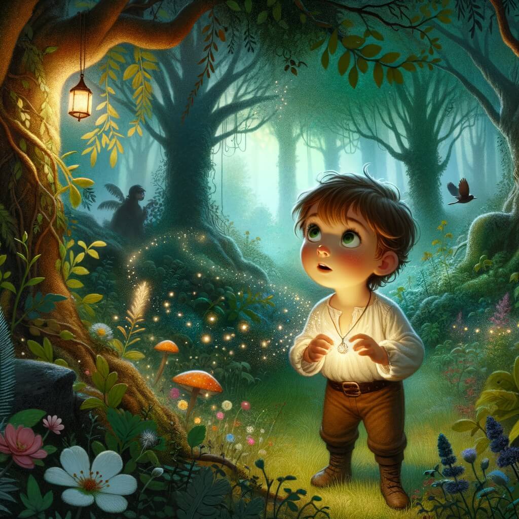 Une illustration pour enfants représentant un petit garçon curieux se retrouvant par magie dans une forêt mystérieuse après avoir découvert un pendentif brillant dans le grenier de sa grand-mère.