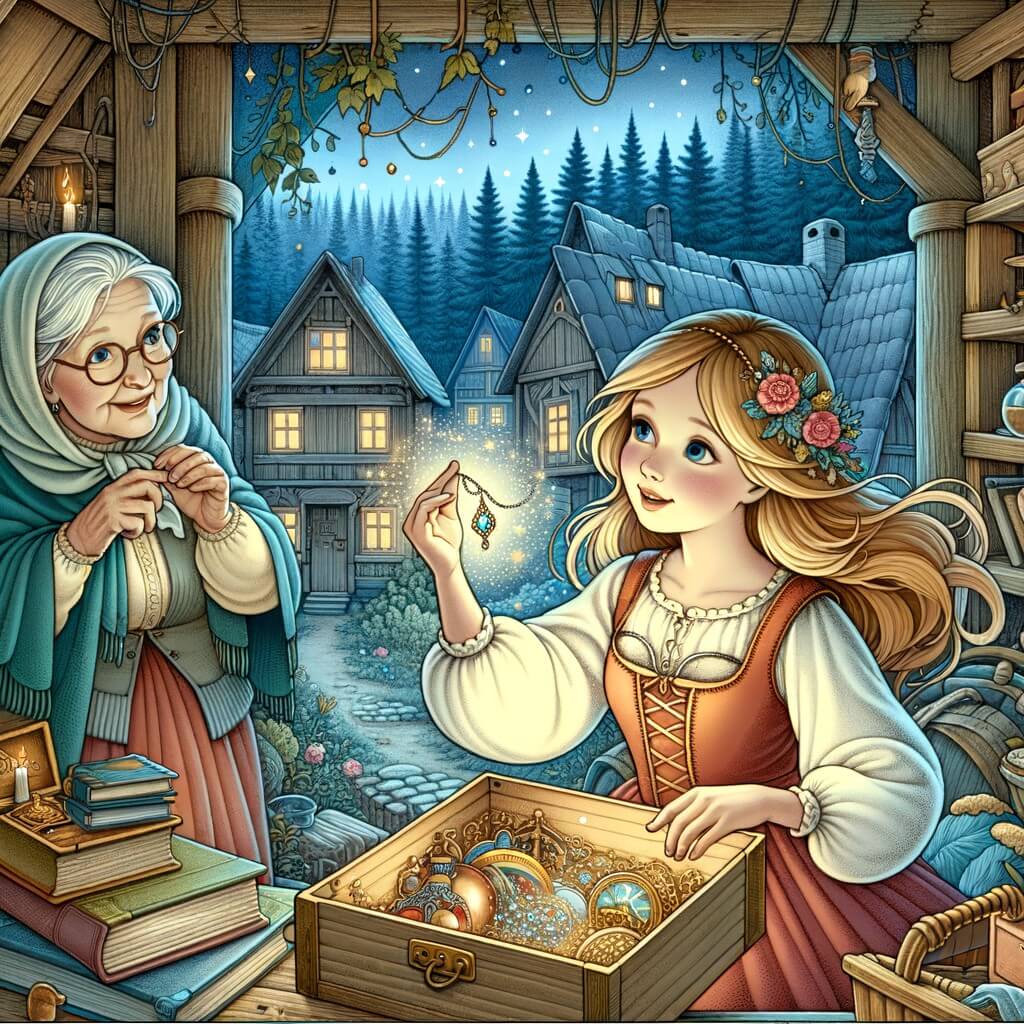 Une illustration destinée aux enfants représentant une petite fille rêveuse, découvrant un pendentif magique dans un grenier poussiéreux, accompagnée d'une grand-mère bienveillante, dans un village pittoresque entouré d'une forêt dense et mystérieuse.