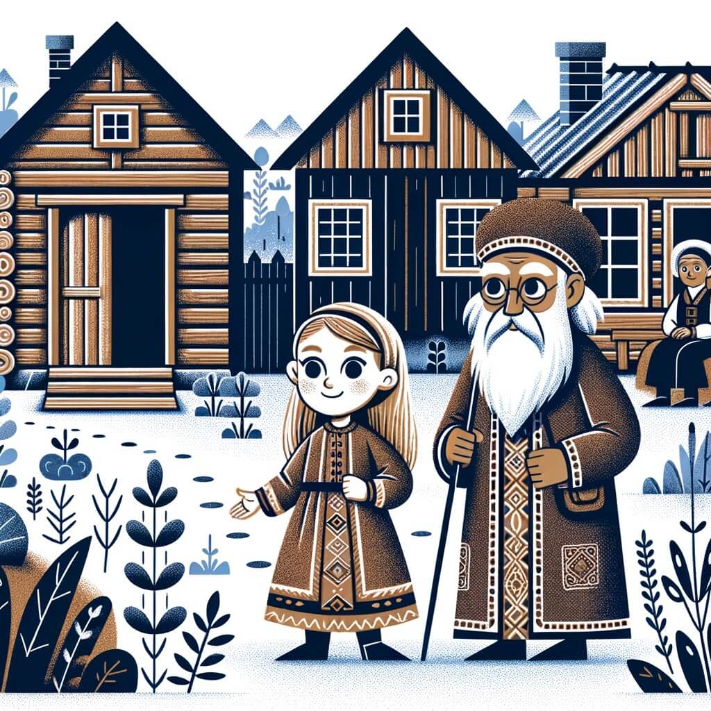 Une illustration destinée aux enfants représentant une petite fille intrépide, transportée dans le passé par une montre magique, accompagnée d'un vieil homme sage, dans un village ancien aux maisons en bois et aux habitants vêtus de costumes d'époque.