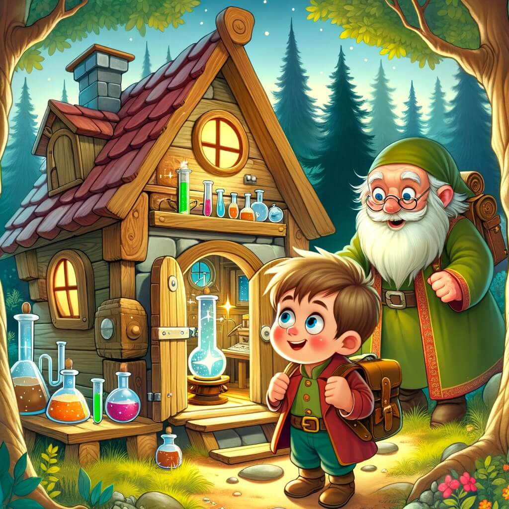 Une illustration destinée aux enfants représentant un petit garçon curieux qui découvre un laboratoire secret caché dans une petite maison en bois, nichée au cœur d'une forêt enchantée, où il rencontre un vieil homme mystérieux et commence une incroyable aventure à travers le temps et l'espace.