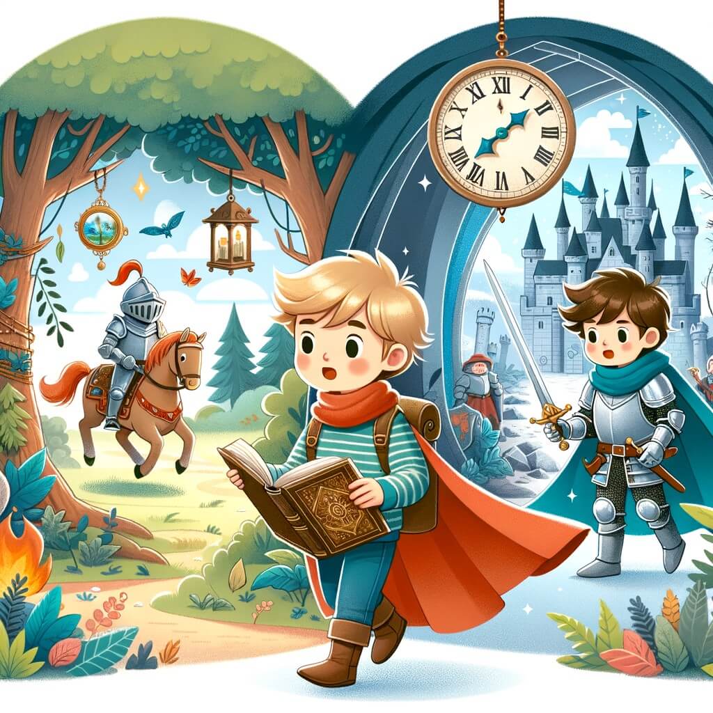 Une illustration destinée aux enfants représentant un petit garçon passionné d'histoires de voyages dans le temps, accompagné d'un chevalier courageux, explorant une forêt mystérieuse et traversant un château médiéval.