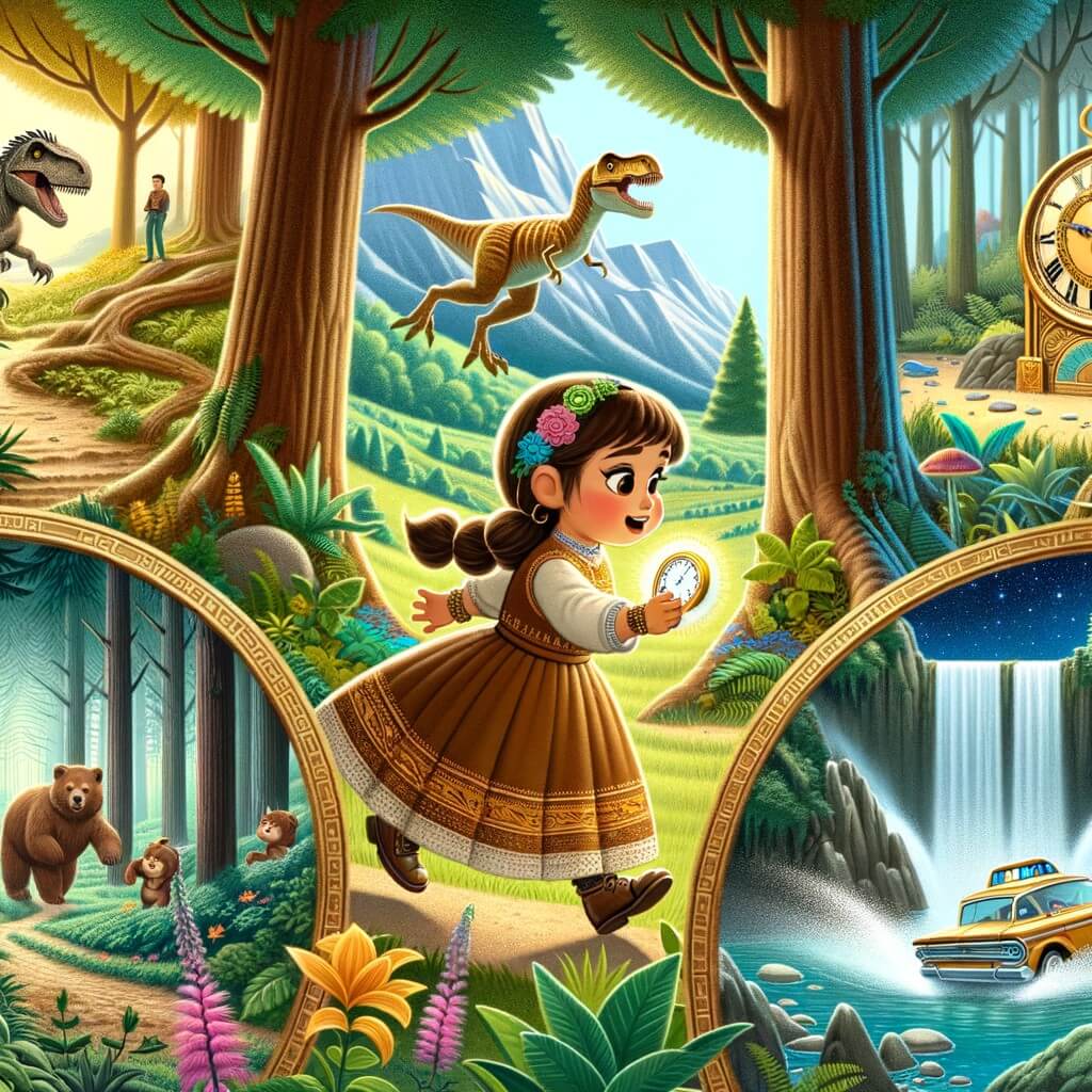 Une illustration pour enfants représentant une petite fille qui découvre une montre en or dans une forêt, puis se retrouve transportée dans le temps et l'espace pour rencontrer des dinosaures et explorer un monde futuriste.