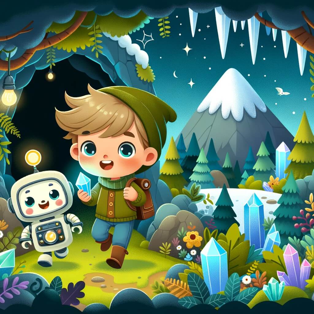 Une illustration pour enfants représentant un petit garçon curieux et aventurier se retrouvant dans une forêt mystérieuse après avoir touché un médaillon magique, dans une histoire de voyages dans le temps.