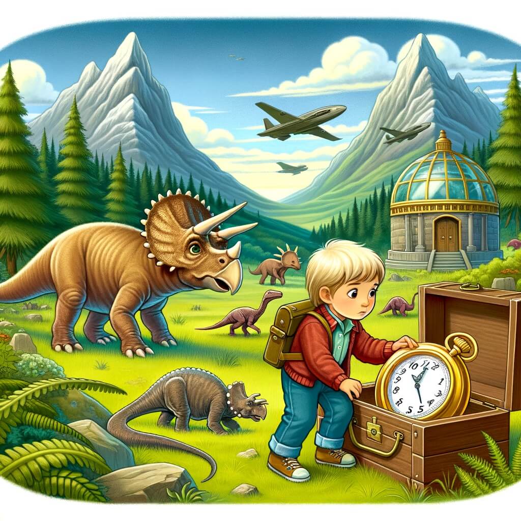 Une illustration pour enfants représentant un petit garçon curieux découvrant une montre en or dans le grenier de sa grand-mère, déclenchant ainsi un voyage dans le temps captivant dans un monde rempli de dinosaures et de mystères.