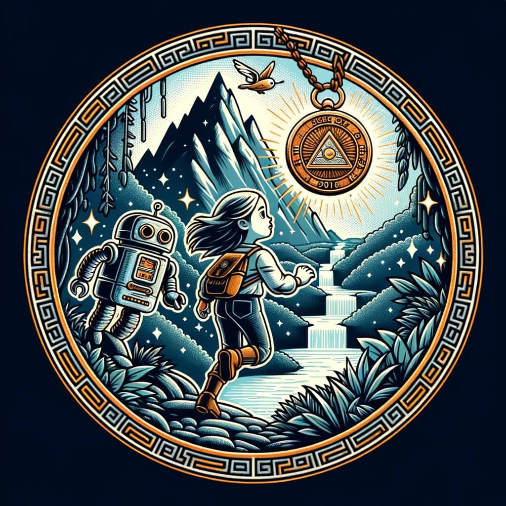 Une illustration pour enfants représentant une petite fille curieuse se retrouvant accidentellement projetée dans le futur, dans un monde étrange et futuriste, suite à la découverte d'un mystérieux coffret dans son jardin.