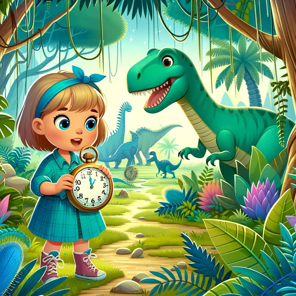 Une illustration destinée aux enfants représentant une petite fille curieuse, découvrant une montre magique et s'embarquant dans une aventure dans le temps avec l'aide d'un gentil dinosaure, à travers une forêt préhistorique luxuriante remplie de plantes géantes et de dinosaures majestueux.