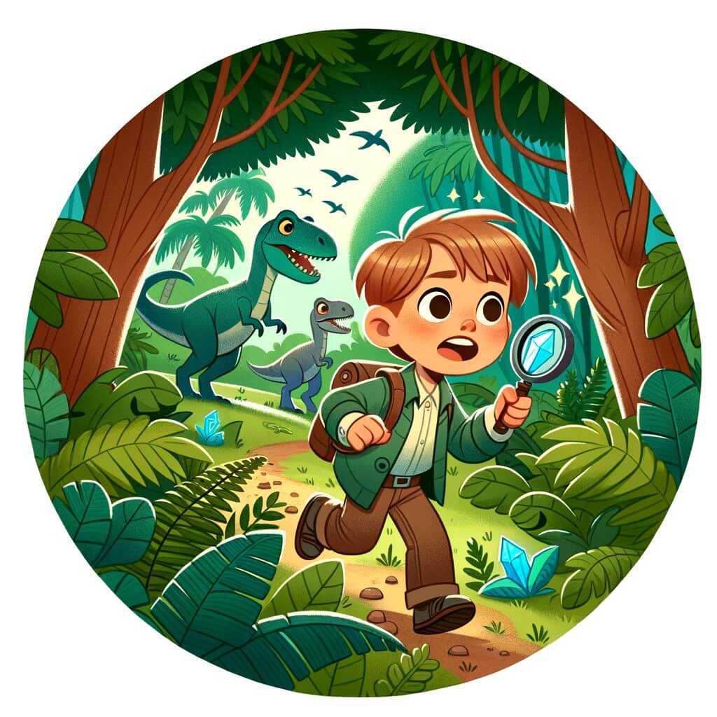 Une illustration destinée aux enfants représentant un petit garçon curieux et aventurier se retrouvant par accident dans une forêt luxuriante peuplée de dinosaures, à la recherche de cristaux magiques pour retourner dans le présent.