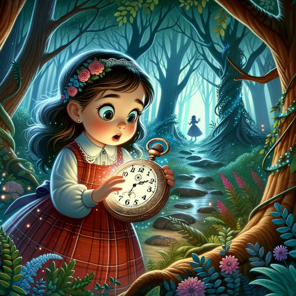 Une illustration pour enfants représentant une petite fille curieuse découvrant une montre magique dans une mystérieuse forêt enchantée où elle sera transportée dans le futur.