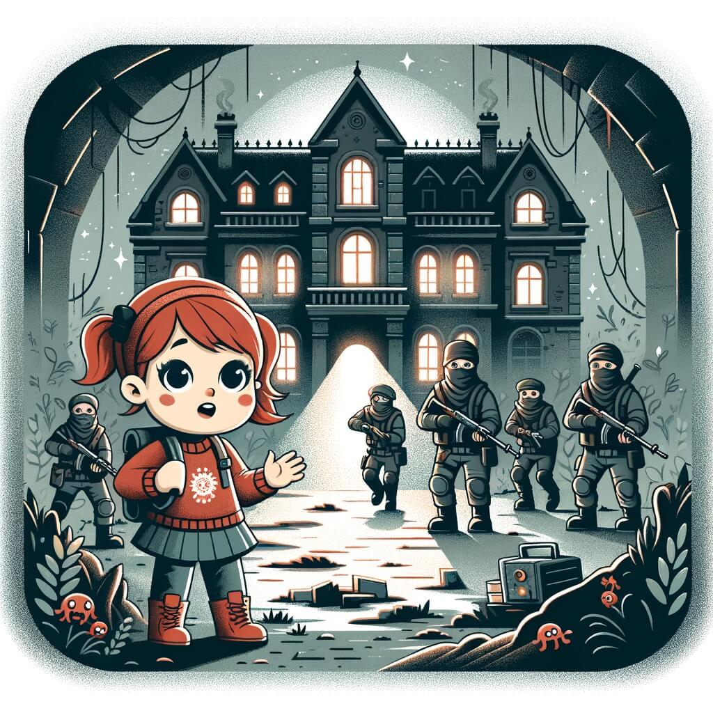 Une illustration destinée aux enfants représentant une petite fille curieuse se retrouvant accidentellement dans un manoir hanté, accompagnée d'un groupe de résistants, dans un lieu sombre et poussiéreux rempli de mystères et de secrets.