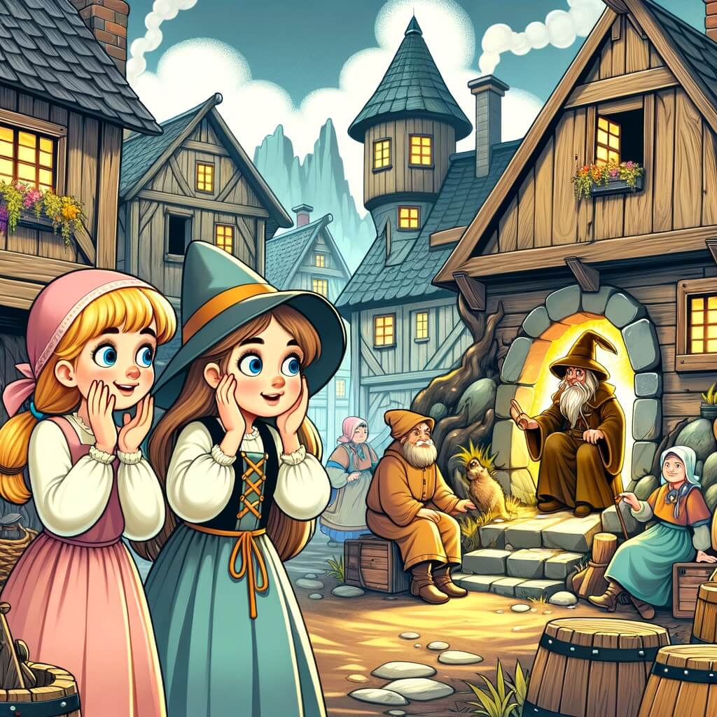 Une illustration destinée aux enfants représentant une petite fille curieuse et aventurière, se retrouvant accidentellement dans le passé, accompagnée d'une petite fille du même âge, dans un village médiéval avec des maisons en bois, des habitants vêtus de costumes anciens, et une grotte mystérieuse où réside un vieux sorcier.