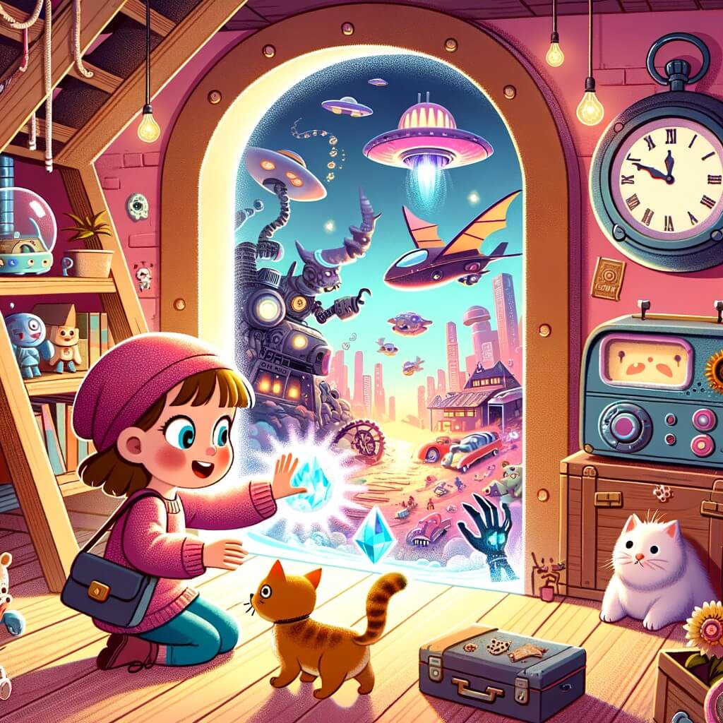 Une illustration destinée aux enfants représentant une petite fille curieuse découvrant une montre magique dans un grenier poussiéreux, et se retrouvant transportée dans un futur fantastique rempli de voitures volantes, de robots parlants et d'extraterrestres, tout en cherchant un cristal magique dans une grotte gardée par un dragon effrayant, et finalement, en rencontrant un adorable chat qui l'aide à retrouver son chemin vers le présent.