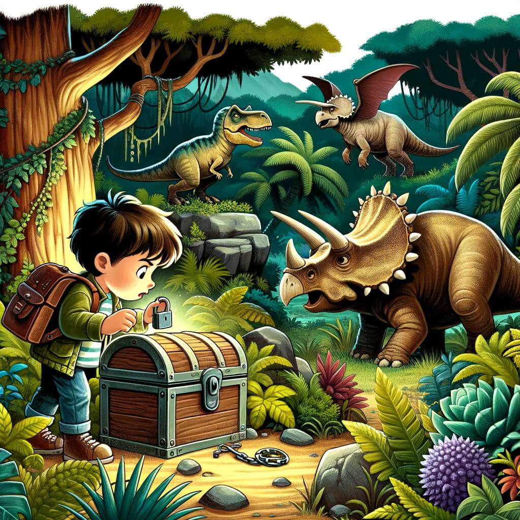 Une illustration destinée aux enfants représentant un petit garçon curieux, découvrant un mystérieux coffret verrouillé, accompagné d'un groupe de Tricératops, dans une forêt luxuriante peuplée de grands arbres et d'animaux étranges.
