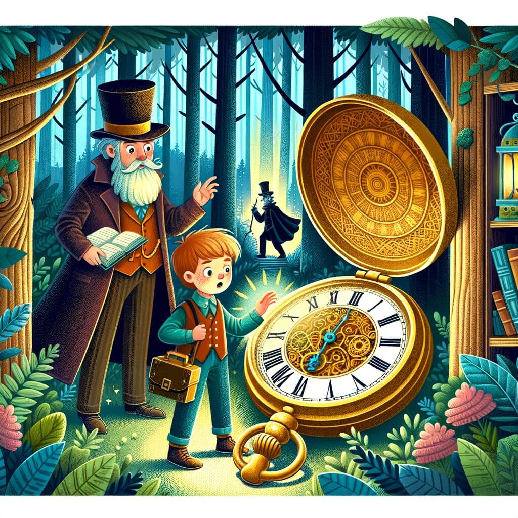 Une illustration pour enfants représentant un jeune aventurier qui découvre une montre magique dans son grenier, le transportant dans une forêt mystérieuse où il rencontre un professeur voyageur dans le temps.