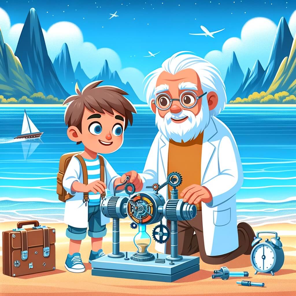 Une illustration destinée aux enfants représentant un petit garçon curieux et passionné de science-fiction, qui construit une machine à voyager dans le temps, accompagné d'un vieil homme souriant, sur une plage paradisiaque avec des montagnes majestueuses en arrière-plan, une mer scintillante s'étendant à l'infini et un ciel bleu sans nuages.