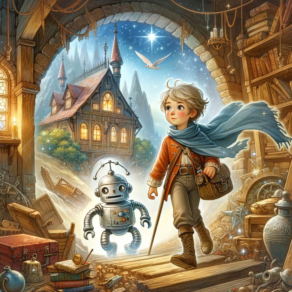Une illustration pour enfants représentant un jeune aventurier curieux, découvrant un robot du futur dans un grenier poussiéreux, dans une petite maison pleine de mystères.