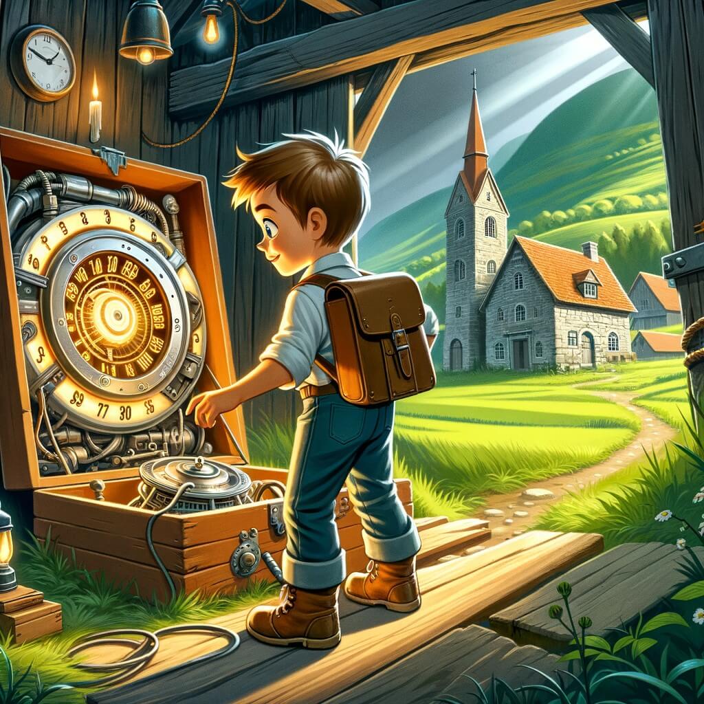 Une illustration pour enfants représentant un petit garçon curieux qui découvre une machine à voyager dans le temps dans la grange de ses grands-parents, dans un lieu paisible et verdoyant.
