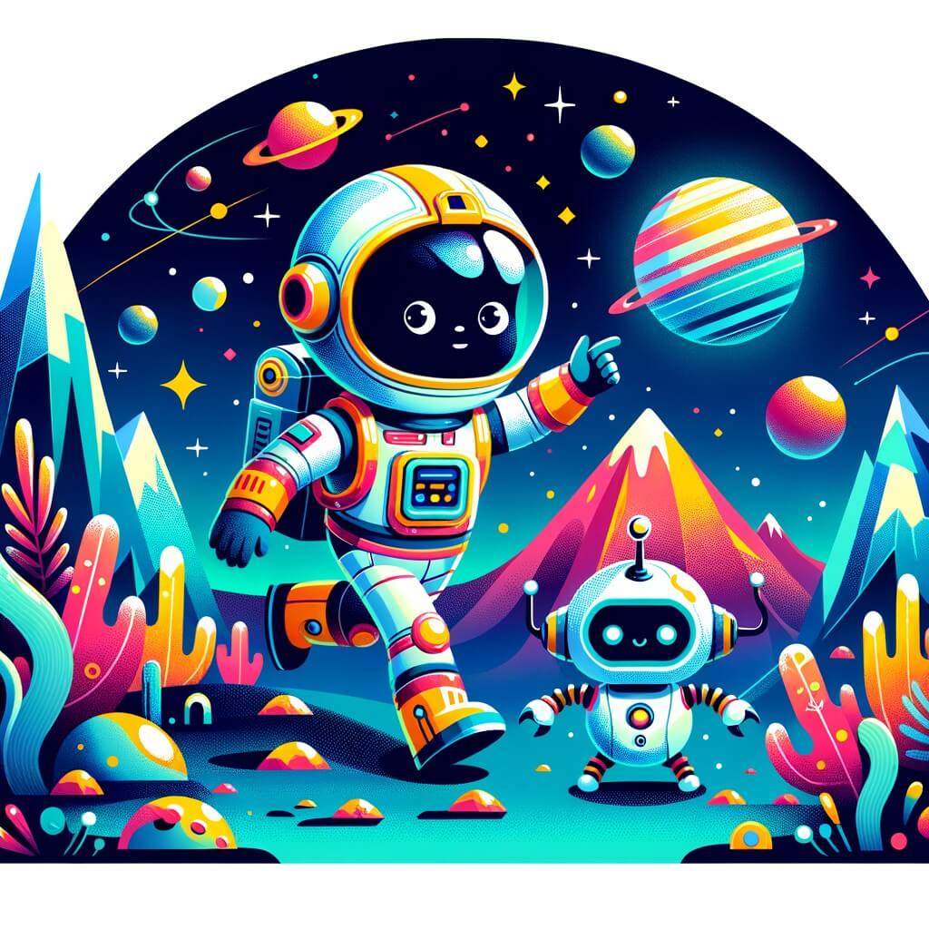 Une illustration pour enfants représentant un astronaute courageux qui cherche désespérément une source d'eau sur une planète inconnue dans un monde futuriste.