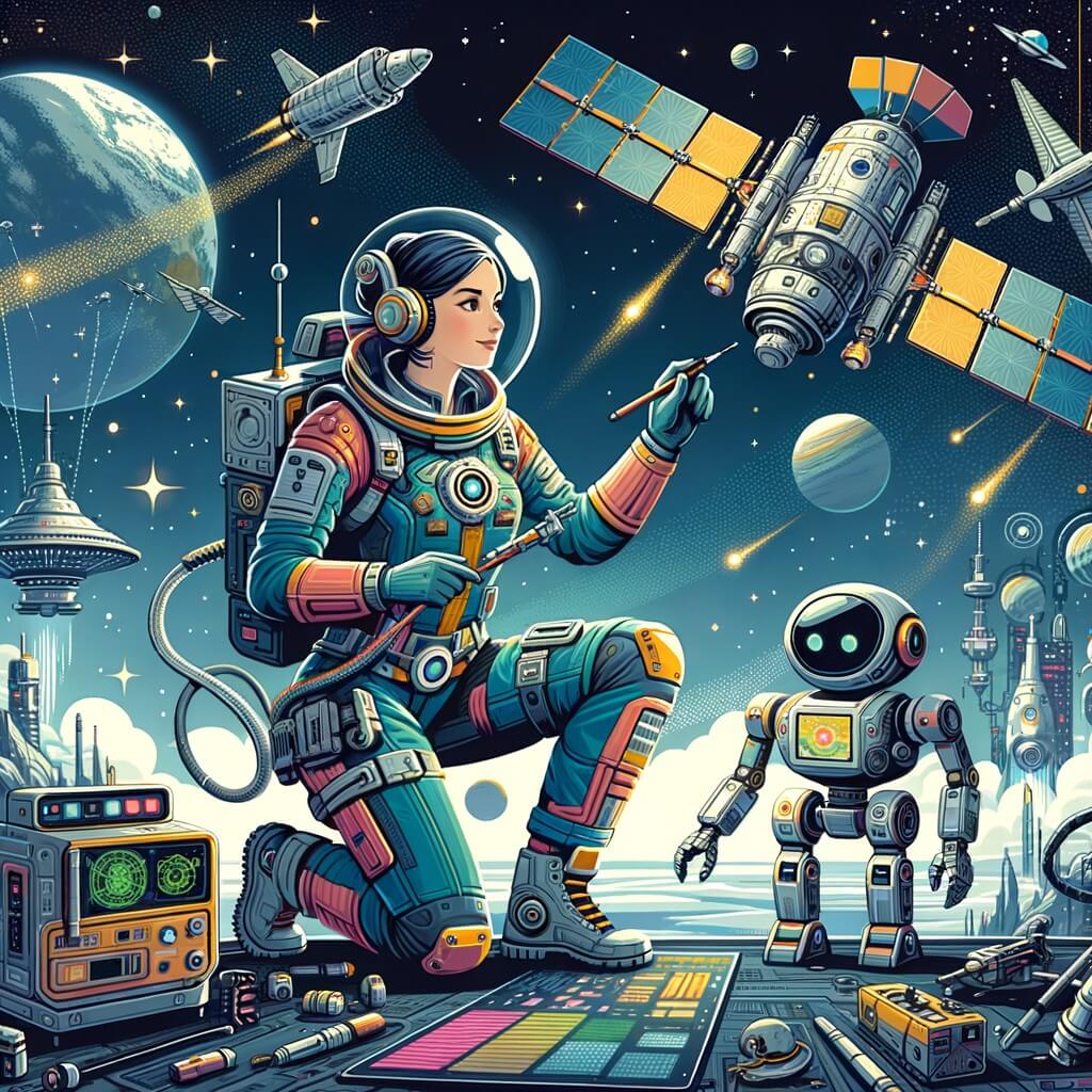 Une illustration pour enfants représentant une femme ingénieure en mécanique qui doit réparer un satellite en détresse lors d'une mission spatiale dans un futur lointain.
