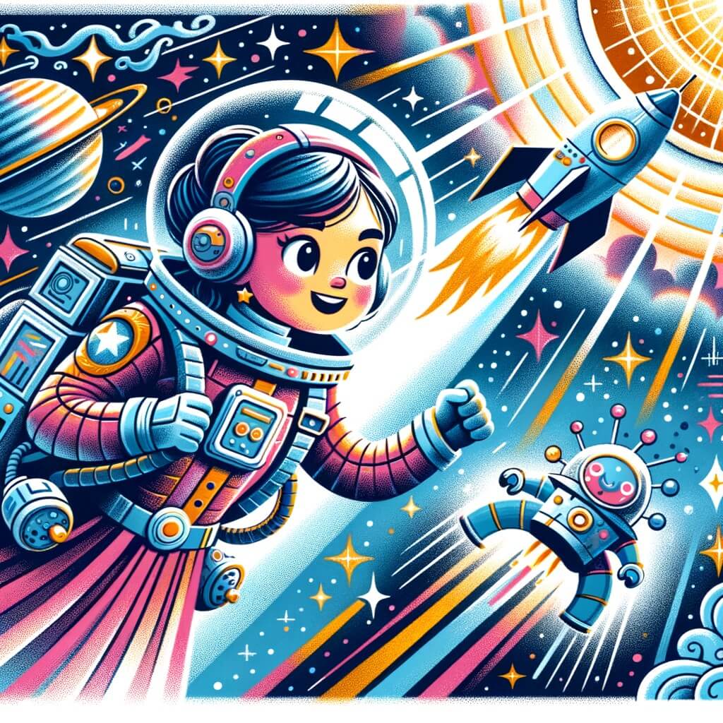 Une illustration pour enfants représentant une femme exploratrice spatiale courageuse et intelligente qui part en mission pour explorer un phénomène spatial étrange dans une lointaine galaxie.