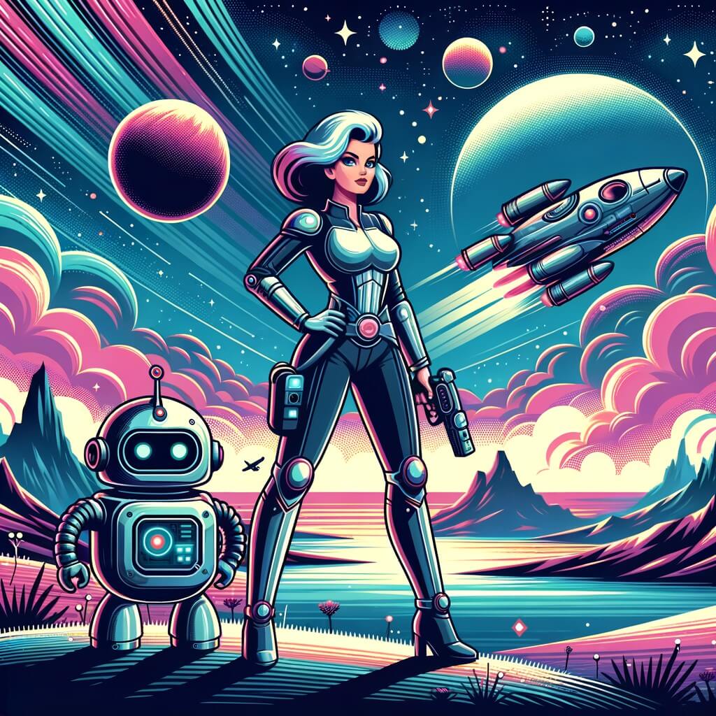 Une illustration pour enfants représentant une femme audacieuse et passionnée, prête à embarquer dans une aventure spatiale extraordinaire, à la découverte des mystères de l'univers dans un monde futuriste rempli de technologies avancées.
