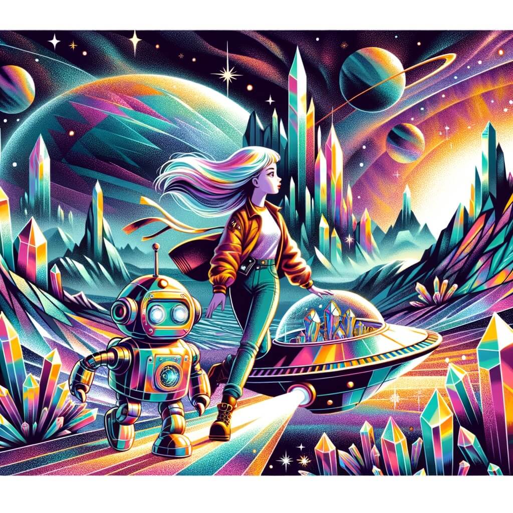 Une illustration pour enfants représentant une jeune femme intrépide dans une combinaison spatiale, explorant des ruines mystérieuses sur une planète lointaine.