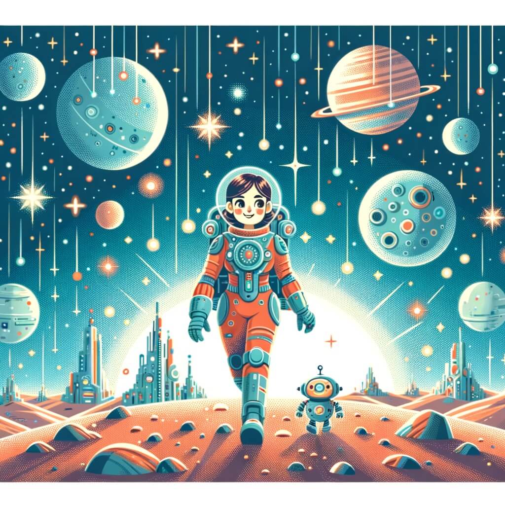 Une illustration destinée aux enfants représentant une femme aventurière dans une combinaison spatiale colorée, explorant une planète lointaine avec un petit robot à ses côtés, tandis que des villes flottantes futuristes brillent dans le ciel étoilé.