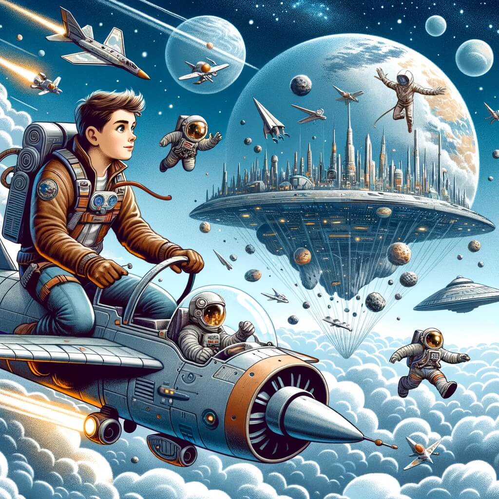 Une illustration pour enfants représentant un homme passionné des voyages spatiaux, partant en mission de sauvetage sur une planète éloignée dans un monde futuriste technologiquement avancé.