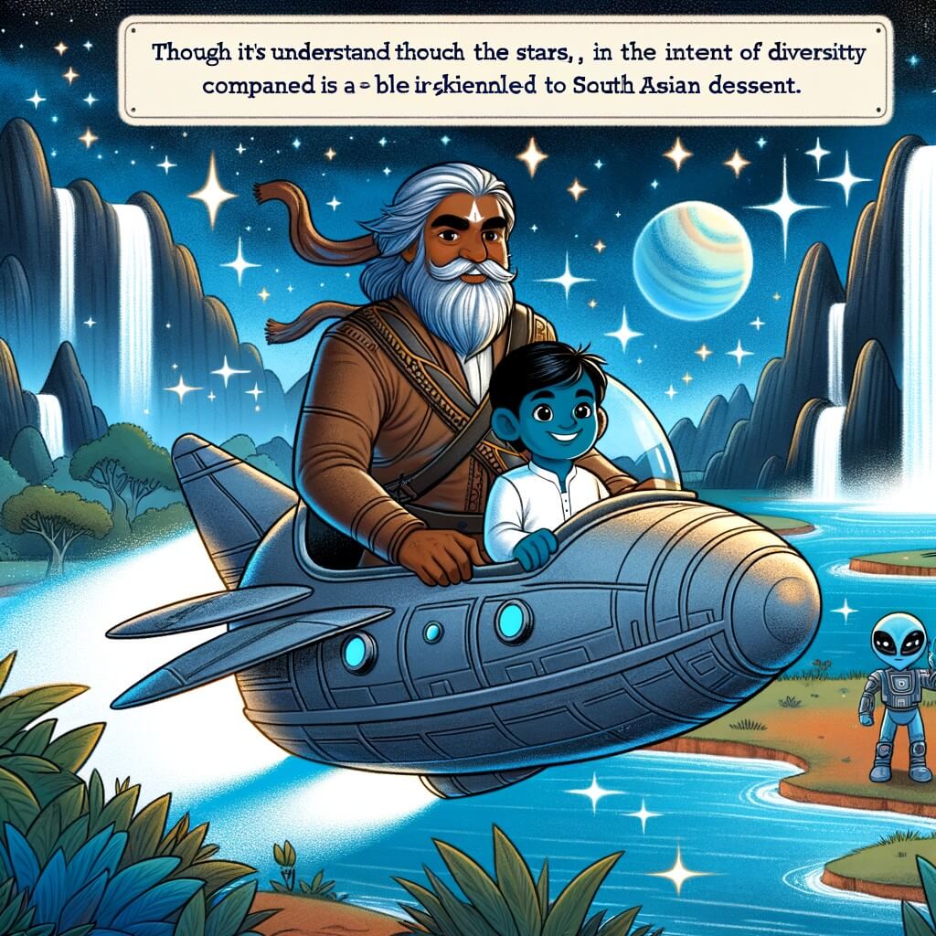 Une illustration destinée aux enfants représentant un homme intrépide, voyageant à travers les étoiles à bord d'un vaisseau spatial futuriste, accompagné d'un compagnon extraterrestre à la peau bleue, explorant une planète lointaine remplie de cascades scintillantes et de rivières étincelantes.