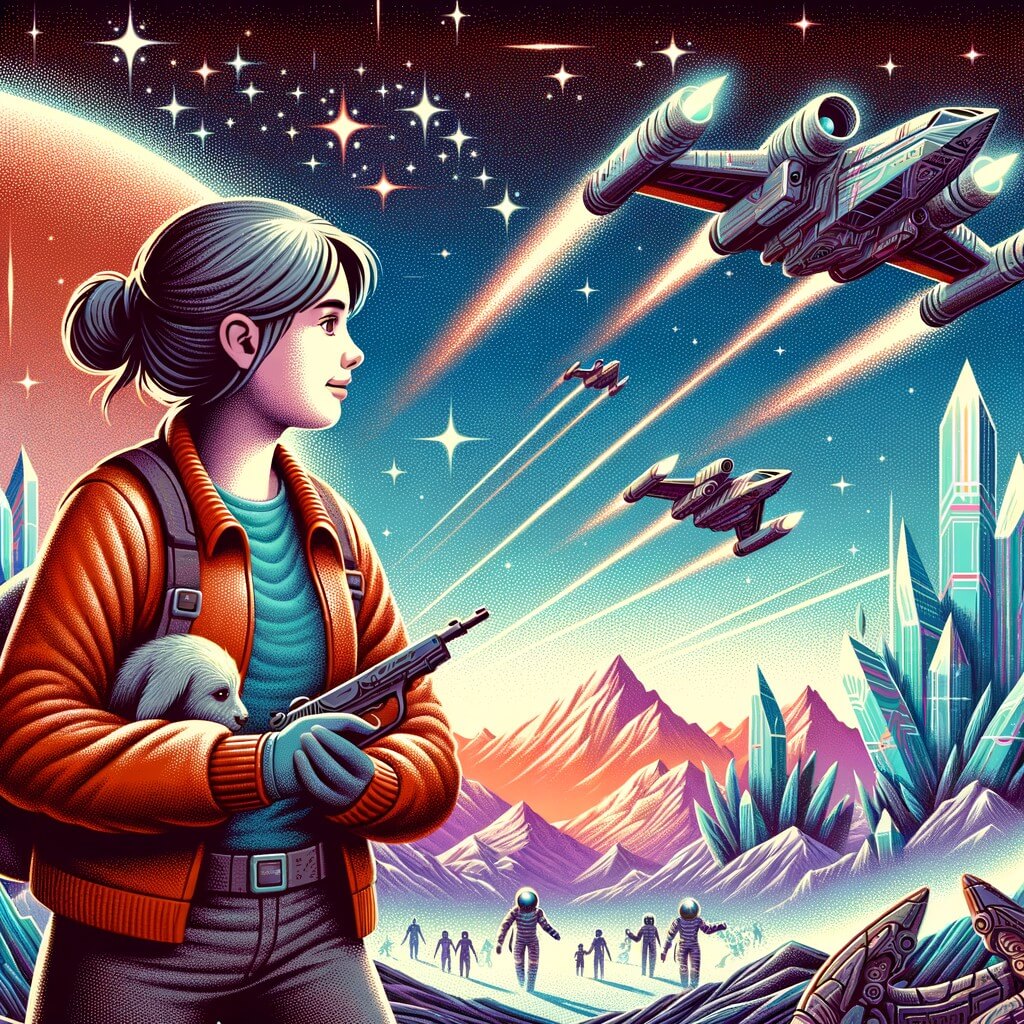 Une illustration destinée aux enfants représentant une jeune femme intrépide et passionnée, embarquée dans une mission spatiale périlleuse pour réunir deux peuples extraterrestres en guerre, avec des vaisseaux spatiaux futuristes volant au-dessus d'une planète lointaine aux couleurs chatoyantes et aux montagnes en forme de cristaux scintillants.