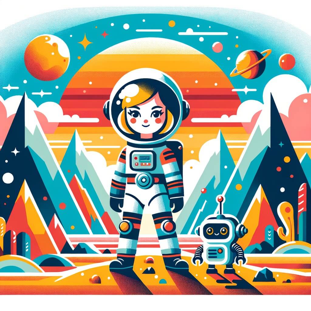 Une illustration destinée aux enfants représentant une femme astronaute audacieuse, se tenant sur une planète lointaine remplie de montagnes colorées, accompagnée d'un petit robot curieux, dans une quête pour trouver une nouvelle source de nourriture pour sauver la Terre.