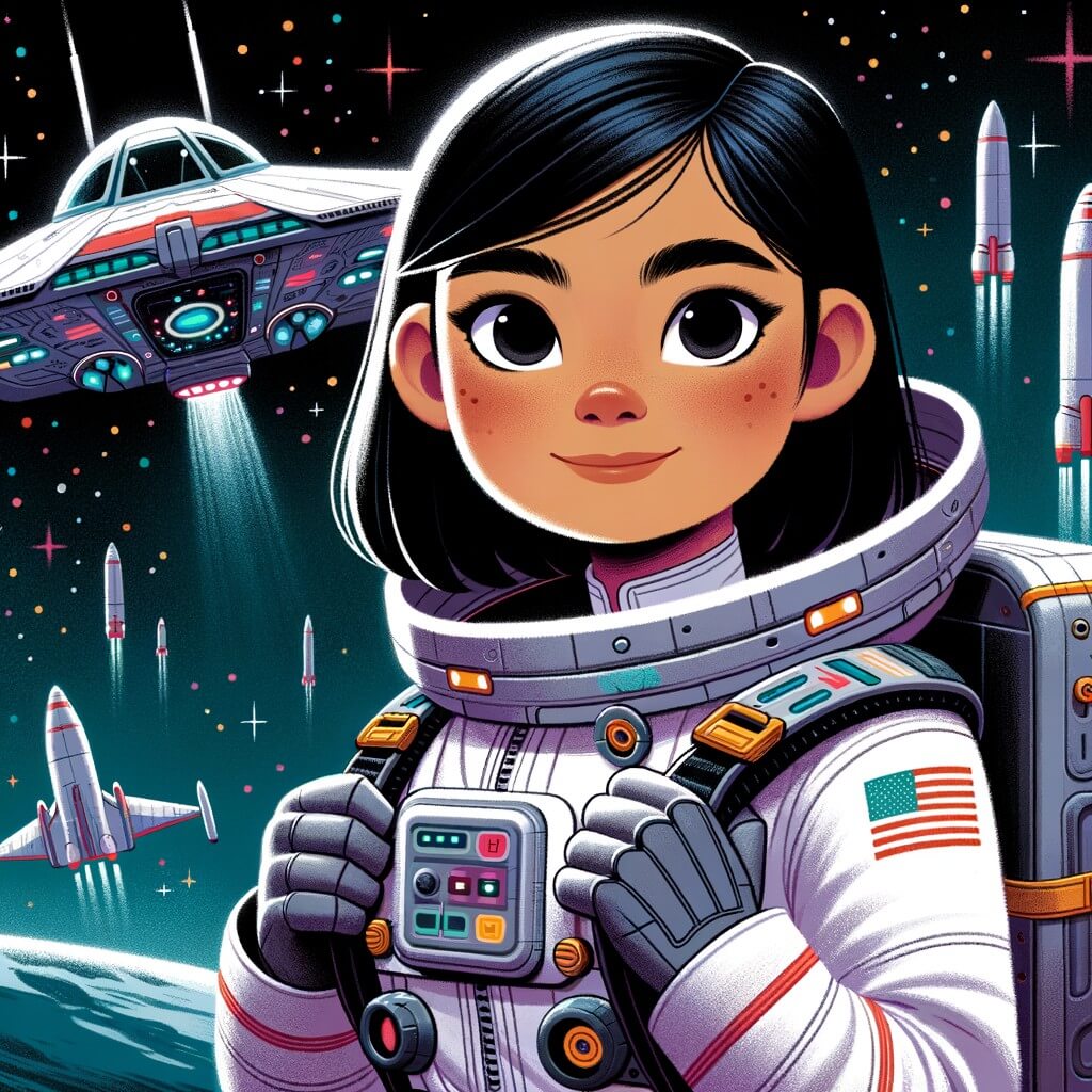 Une illustration pour enfants représentant une femme astronaute courageuse et déterminée, prête à explorer l'espace à la recherche d'une nouvelle planète habitable, dans un vaisseau spatial futuriste.
