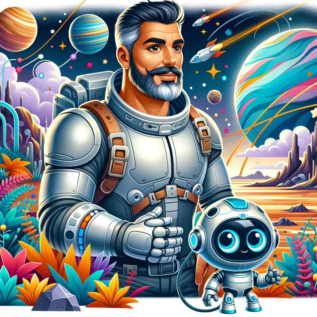 Une illustration pour enfants représentant un homme courageux et passionné par l'espace, qui se retrouve échoué sur une planète inconnue après un accident de vaisseau spatial dans une zone obscure de l'espace.